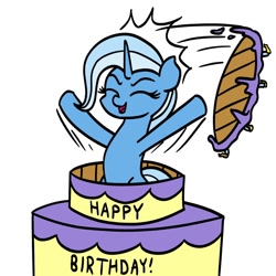 Size: 1150x1150 | Tagged: safe, artist:mkogwheel, trixie, pony, unicorn, g4, birthday cake, cake, female, food, happy birthday, mare, open mouth, open smile, popping out of a cake, simple background, smiling, solo, white background
