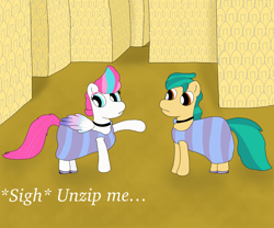 Size: 6048x5036 | Tagged: safe, alternate version, artist:pinkiepie69, hitch trailblazer, zipp storm, earth pony, pegasus, pony, g5, clothes, crossdressing, dialogue, dress, eyeshadow, family guy, jewelry, makeup, male, necklace, shoes, text, the backrooms