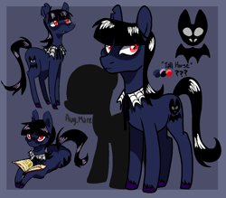 Size: 1068x934 | Tagged: safe, artist:/d/non, oc, oc:mercury mine, earth pony, pony, bangs, black hair, blue fur, book, collar, cutie mark, earth pony oc, fangs, female, goth, looking away, looking up, lying down, mare, red eyes, reference sheet, ribbon, simple background, torn ear, unshorn fetlocks