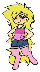 Size: 316x565 | Tagged: safe, artist:/d/non, oc, oc only, oc:sunshine blossom, satyr, blonde hair, blushing, chibi, femboy, hairclip, hand on hip, male, offspring, parent:sunshine smiles, pink fur, simple background, smiling, solo, transparent background