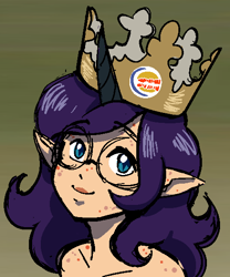 Size: 486x584 | Tagged: safe, artist:/d/non, oc, oc only, oc:mal, satyr, acne, bare shoulder portrait, bare shoulders, blushing, burger king, burger king crown, bust, crown, elf ears, female, freckles, glasses, horn, jewelry, offspring, parent:oc:nyx, pointed ears, portrait, regalia, smiling, solo