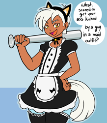 Size: 1546x1772 | Tagged: safe, artist:/d/non, oc, oc only, oc:snapshot, satyr, apron, baseball bat, blue fur, cat ears, clothes, collar, crossdressing, fake ears, femboy, hand on hip, maid, male, offspring, open mouth, parent:photo finish, simple background, socks, speech bubble, thigh highs, white hair, yellow eyes