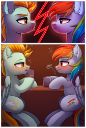 Size: 1270x1884 | Tagged: safe, artist:dinoalpaka, lightning dust, rainbow dash, pegasus, pony, comic:adventures rainbow dash, g4, blushing, comic, cup, drink, drunk, drunker dash, duo, eye contact, female, glass, looking at each other, looking at someone, mare, sitting, table, tongue out, wings