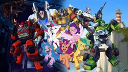 Size: 1920x1080 | Tagged: safe, artist:robertsonskywa1, hitch trailblazer, izzy moonbow, pipp petals, sunny starscout, zipp storm, earth pony, pegasus, pony, robot, unicorn, g5, my little pony: tell your tale, clash of hasbro's titans, cybertron, hound, inferno, mane five, mane stripe sunny, maretime bay, prowl, smokescreen, sunstreaker, transformers