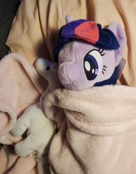 Size: 2850x3655 | Tagged: safe, twilight sparkle, pony, unicorn, g4, 4de, bed, blanket, high res, irl, lying down, lying on bed, on back, on bed, photo, photography, pillow, plushie, solo