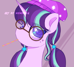 Size: 1380x1245 | Tagged: safe, artist:memengla, starlight glimmer, pony, unicorn, g4, alternate hairstyle, aside glance, beanie, candy, female, food, glasses, hat, looking at you, mare, pigtails, round glasses, simple background, solo, watermark