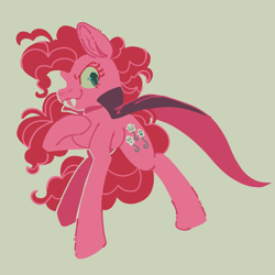 Size: 2048x2048 | Tagged: safe, artist:pastacrylic, pinkie pie, earth pony, pony, g4, alternate cutie mark, beige background, cape, fangs, female, full body, halloween, high res, holiday, mare, nightmare night, simple background, solo, vampire costume