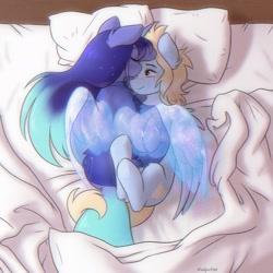 Size: 2776x2776 | Tagged: safe, artist:katputze, oc, oc only, oc:asteria, oc:blue skies, pegasus, pony, unicorn, artificial wings, augmented, bed, chromatic aberration, commission, female, forehead kiss, high res, horn, in bed, intertwined tails, kissing, magic, magic wings, male, mare, oc x oc, overhead view, pegasus oc, shipping, stallion, straight, tail, unicorn oc, wings
