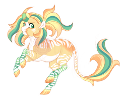 Size: 2900x2300 | Tagged: safe, artist:gigason, oc, oc:tropical paradise, pony, unicorn, curved horn, female, high res, horn, leonine tail, mare, offspring, parent:applejack, simple background, solo, tail, transparent background, underhoof, unicorn oc