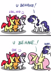 Size: 2894x4093 | Tagged: safe, artist:julunis14, apple bloom, fluttershy, rarity, scootaloo, sweetie belle, earth pony, pegasus, pony, unicorn, series:my little honses, g4, stare master, 2 panel comic, :v, comic, cutie mark crusaders, dialogue, digital art, female, filly, foal, mare, misspelling, open mouth, parody, scene interpretation, signature, silly, simple background, smiley face, wat, white background