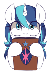 Size: 277x391 | Tagged: safe, artist:maren, shining armor, pony, unicorn, g4, 2014, book, bust, female, gleaming shield, hoof hold, mare, old art, rule 63, shy, simple background, solo, white background, wide eyes