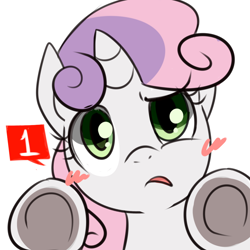 Size: 1000x1000 | Tagged: safe, artist:maren, sweetie belle, pony, unicorn, g4, 2013, blush sticker, blushing, bust, female, filly, foal, fourth wall, looking at you, notification, old art, portrait, simple background, solo, white background