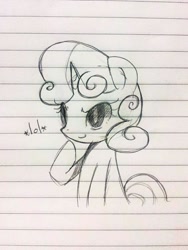 Size: 768x1024 | Tagged: safe, artist:maren, sweetie belle, pony, unicorn, g4, 2013, bust, doodle, female, filly, foal, lined paper, lol, old art, raised hoof, sitting, smiling, smirk, solo, traditional art