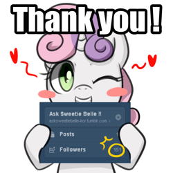 Size: 1000x1000 | Tagged: safe, artist:maren, sweetie belle, pony, unicorn, g4, 2013, asksweetiebelle-kor, blush sticker, blushing, bust, female, filly, foal, followers, grin, heart, hoof hold, looking at you, old art, one eye closed, simple background, smiling, solo, tumblr, white background, wink