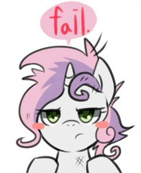 Size: 663x810 | Tagged: safe, artist:maren, sweetie belle, pony, unicorn, g4, 2013, blush sticker, blushing, bust, fail, female, filly, foal, looking at you, messy mane, old art, portrait, simple background, solo, speech bubble, sweetie fail, unamused, white background