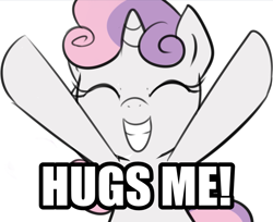 Size: 995x813 | Tagged: safe, artist:maren, sweetie belle, pony, unicorn, g4, 2013, bust, caption, eyes closed, female, filly, foal, grin, hooves up, image macro, incoming hug, old art, simple background, smiling, solo, text, white background