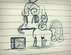 Size: 492x381 | Tagged: safe, artist:maren, sweetie belle, pony, unicorn, g4, 2013, doodle, female, filly, foal, lined paper, minecraft, mouth hold, old art, pickaxe, smiling, solo, traditional art