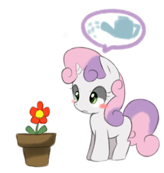 Size: 1245x1313 | Tagged: safe, artist:maren, sweetie belle, pony, unicorn, g4, 2013, blush sticker, blushing, female, filly, flower, flower pot, foal, frown, old art, pictogram, simple background, solo, watering can, white background