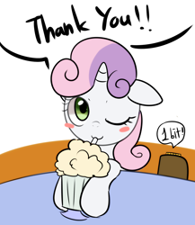 Size: 1240x1428 | Tagged: safe, artist:maren, button mash, sweetie belle, earth pony, pony, unicorn, 2013, bits, blush sticker, blushing, cute, diasweetes, female, filly, floppy ears, foal, milkshake, milkshake ponies, offscreen character, old art, one eye closed, simple background, solo, straw, table, thank you, white background