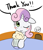 Size: 1240x1428 | Tagged: safe, artist:maren, button mash, sweetie belle, earth pony, pony, unicorn, g4, 2013, bits, blush sticker, blushing, colt, cute, diasweetes, female, filly, floppy ears, foal, male, milkshake, milkshake ponies, offscreen character, old art, one eye closed, simple background, solo, straw, table, thank you, white background