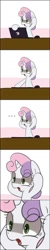 Size: 256x1280 | Tagged: safe, artist:maren, sweetie belle, pony, unicorn, g4, 2013, bust, comic, computer, female, filly, foal, hoof on head, laptop computer, needs more jpeg, old art, open mouth, shocked, shocked expression, simple background, solo, white background, wide eyes, worried