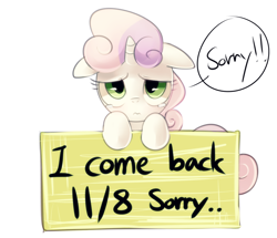 Size: 1200x1033 | Tagged: safe, artist:maren, sweetie belle, pony, unicorn, g4, 2013, asksweetiebelle-kor, female, filly, foal, looking at you, old art, sad, sign, simple background, solo, sorry, speech bubble, teary eyes, wavy mouth, white background