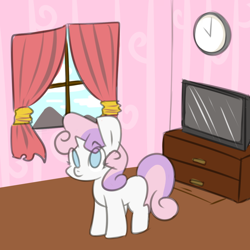 Size: 1000x1000 | Tagged: safe, artist:maren, sweetie belle, pony, unicorn, g4, 2013, clock, female, filly, foal, looking at you, no pupils, old art, room, simple background, solo, standing, television, white background, window