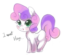 Size: 600x534 | Tagged: safe, artist:maren, sweetie belle, pony, unicorn, g4, 2013, blushing, bronybait, cute, dialogue, diasweetes, female, filly, foal, hug request, looking at you, lowres, old art, simple background, solo, talking to viewer, white background
