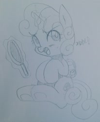 Size: 1784x2162 | Tagged: safe, artist:maren, sweetie belle, pony, unicorn, g4, 2017, angry, backpack, cute, diasweetes, doodle, female, filly, foal, frying pan, glowing, glowing horn, hooves to the chest, horn, korean, levitation, magic, magic aura, old art, open mouth, playerunknown's battlegrounds, sitting, solo, telekinesis, traditional art