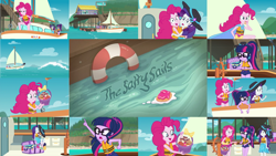 Size: 1280x721 | Tagged: safe, editor:quoterific, pinkie pie, rarity, sci-twi, twilight sparkle, human, equestria girls, g4, my little pony equestria girls: better together, the salty sails, basket, bikini, boat, cape, clothes, female, hat, lifejacket, one-piece swimsuit, sail, sarong, superhero, swimsuit, trio, trio female, wet