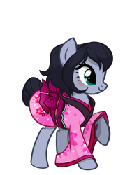 Size: 1832x2302 | Tagged: safe, artist:pandan009, derpibooru exclusive, oc, oc only, oc:yasei urami, earth pony, pony, derpibooru community collaboration, clothes, earth pony oc, high res, kimono (clothing), ribbon, show accurate, simple background, smiling, solo, transparent background