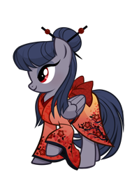 Size: 1832x2302 | Tagged: safe, artist:pandan009, derpibooru exclusive, oc, oc only, oc:haisuu gaku, pegasus, pony, derpibooru community collaboration, alternate hairstyle, clothes, hairpin, high res, kimono (clothing), pegasus oc, ribbon, show accurate, simple background, smiling, solo, transparent background