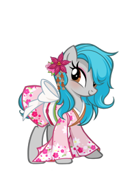 Size: 1832x2302 | Tagged: safe, artist:pandan009, derpibooru exclusive, oc, oc only, oc:sweet elis, earth pony, pony, derpibooru community collaboration, blushing, clothes, earth pony oc, flower, high res, kimono (clothing), long sleeves, ribbon, show accurate, simple background, smiling, solo, transparent background