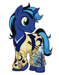 Size: 1832x2302 | Tagged: safe, artist:pandan009, derpibooru exclusive, oc, oc only, oc:the luna fan, pony, unicorn, derpibooru community collaboration, blushing, clothes, hairpin, high res, horn, kimono (clothing), show accurate, simple background, smiling, solo, transparent background, unicorn oc