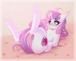 Size: 3796x3038 | Tagged: safe, artist:taleriko, sweetie belle, pony, unicorn, g4, :o, adult, blushing, butt fluff, cute, ear fluff, female, floppy ears, gradient background, heart, high res, leg fluff, lidded eyes, looking at you, lying down, mare, older, older sweetie belle, on back, open mouth, simple background, solo, underhoof