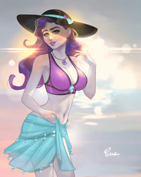 Size: 1600x2000 | Tagged: safe, artist:joe pekar, part of a set, rarity, human, equestria girls, g4, bare shoulders, belly button, breasts, busty rarity, clothes, female, geode of shielding, hat, looking at you, magical geodes, multiple variants, ocean, pony coloring, sarong, sleeveless, smiling, solo, swimsuit, water