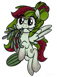 Size: 768x1024 | Tagged: safe, artist:sjart117, oc, oc only, oc:watermelana, pegasus, pony, :3, colored sketch, female, flying, food, freckles, gradient hooves, herbs, hoof hold, looking at you, mare, mouth hold, pegasus oc, simple background, solo, watermelon, white background, wings