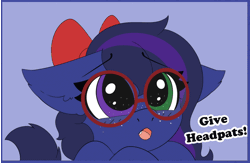 Size: 1280x832 | Tagged: safe, artist:pegamutt, oc, oc only, oc:shadow twinkle, bat pony, pony, animated, bat pony oc, bow, commission, cute, cute little fangs, fangs, floppy ears, gif, glasses, hair bow, solo, tail, tail wag, ych result