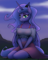 Size: 2000x2500 | Tagged: safe, artist:naen, princess luna, alicorn, anthro, plantigrade anthro, bare shoulders, bra, breasts, busty princess luna, clothes, cute, female, happy, looking at you, lunabetes, mare, midriff, off shoulder, scenery, shirt, sitting, skirt, smiling, solo, underwear