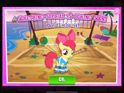 Size: 2048x1535 | Tagged: safe, gameloft, screencap, apple bloom, earth pony, pony, g4, my little pony: magic princess, beach, bow, clothes, female, filly, foal, outfit, shoes, solo, summer, text