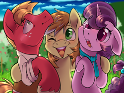 Size: 4000x3000 | Tagged: safe, artist:leopardsnaps, big macintosh, feather bangs, sugar belle, earth pony, pony, unicorn, g4, apple, apple tree, bisexual, bisexuality, blushing, clothes, commissioner:briarlight, fanfic art, farm, female, freckles, gay, happy, high res, hug, male, mare, older big macintosh, older feather bangs, older sugar belle, polyamory, scarf, ship:feathermac, ship:sugarbangs, ship:sugarbangsmac, ship:sugarmac, shipping, stallion, straight, surprised, tree, trio, unshorn fetlocks, vest