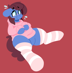 Size: 2564x2596 | Tagged: safe, alternate version, artist:myahster, oc, oc only, oc:bizarre song, pegasus, pony, belly, clothes, commission, femboy, flustered, high res, male, pegasus oc, red background, simple background, socks, solo, striped socks, sweater