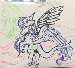 Size: 2362x2139 | Tagged: safe, artist:sweetmelon556, oc, oc:toxic demise, pegasus, pony, flying, frog (hoof), high res, horns, looking at you, looking back, looking back at you, male, marker drawing, nose wrinkle, pegasus oc, raised hoof, solo, spread wings, stallion, traditional art, underhoof, windswept mane, wings