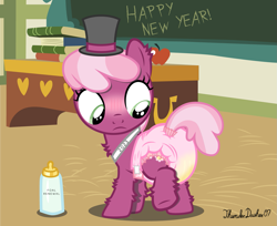Size: 1357x1110 | Tagged: safe, alternate version, artist:thunderdasher07, derpibooru exclusive, cheerilee, earth pony, pony, g4, age regression, apple, baby bottle, baby new year, blushing, book, chalkboard, chest fluff, classroom, desk, diaper, diaper butt, diaper fetish, diaper usage, ear fluff, female, fetish, filly, filly cheerilee, foal, food, happy new year, hat, holiday, leg fluff, non-baby in diaper, peeing in diaper, pissing, ponyville schoolhouse, poofy diaper, raised leg, raised tail, sash, solo, tail, tail hole, top hat, urine, used diaper, wet diaper, wetness indicator, wetting, younger