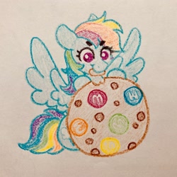 Size: 2782x2782 | Tagged: safe, artist:pink-pone, rainbow dash, pegasus, pony, g4, blush sticker, blushing, chocolate, cookie, crayon drawing, cute, dashabetes, eye clipping through hair, eyebrows, eyebrows visible through hair, food, high res, m&m's, solo, spread wings, traditional art, wings