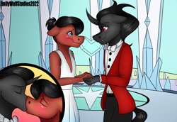 Size: 8000x5500 | Tagged: safe, artist:emilywulfstudios, part of a set, king sombra, oc, oc:benjamin terrance tover, anthro, g4, clothes, crossdressing, crystal empire, crystal heart, dress, eyes closed, gay, kiss on the lips, kissing, male, marriage, wedding, wedding dress