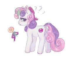 Size: 1688x1416 | Tagged: safe, artist:soudooku, sweetie belle, pony, unicorn, g4, butt, candy, curved horn, dock, ear fluff, female, filly, foal, food, glowing, glowing horn, horn, lollipop, looking back, magic, magic aura, plot, question mark, simple background, solo, tail, telekinesis, white background