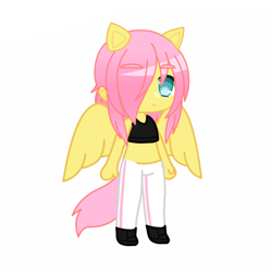 Size: 1280x1280 | Tagged: source needed, safe, fluttershy, anthro, g4, alternate universe, belly, chest binder, clothes, gacha, gacha club, gacha life, gender headcanon, lgbt, lgbtq, male, pants, pony ears, simple background, solo, trans fluttershy, trans male, transgender, white background, wings