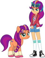 Size: 7521x9844 | Tagged: safe, artist:emeraldblast63, sunny starscout, earth pony, human, pony, equestria girls, g4, g5, clothes, coat markings, confident, converse, equestria girls-ified, eyebrows, female, g5 to equestria girls, g5 to g4, generation leap, human ponidox, jacket, looking at you, mare, raised eyebrow, self paradox, self ponidox, shoes, simple background, smiling, socks, socks (coat markings), sunglasses, sunglasses on head, transparent background, unshorn fetlocks