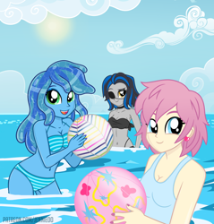 Size: 900x943 | Tagged: safe, artist:jennieoo, oc, oc only, oc:gentle star, oc:ocean soul, oc:shadow dweller, human, equestria girls, g4, beach, beach ball, belly button, bikini, breasts, clothes, cute, equestria girls-ified, eyepatch, female, happy, humanized, legs in the water, looking at you, ocean, partially submerged, smiling, smiling at you, smirk, story, story included, summer, swimming, swimsuit, trio, trio female, water